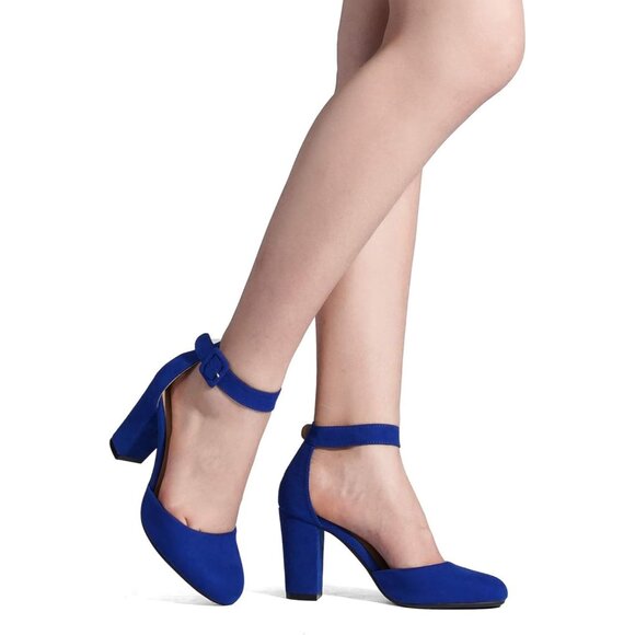 Dream Pairs Women Royal Blue Faux Suede Block High Heel Closed Toe Sandal - Picture 6 of 7